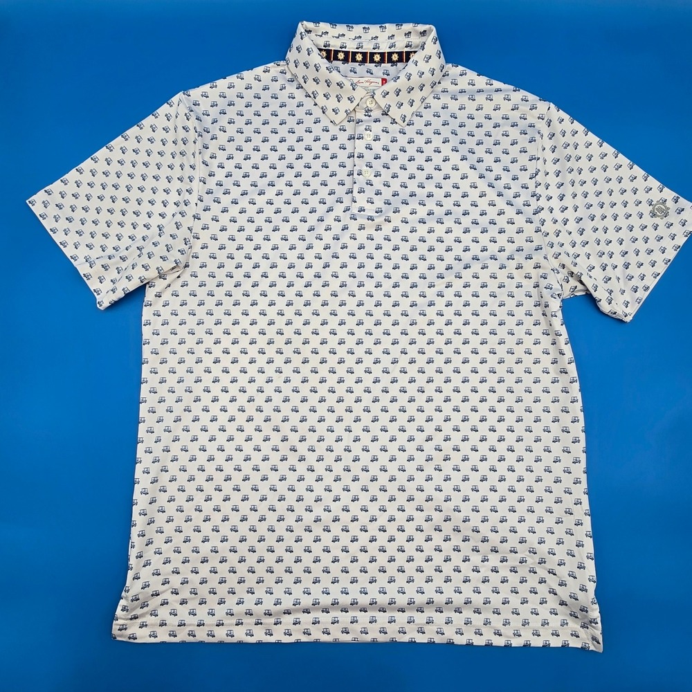 Ben Hogan Golf Shirt Mens Medium‎ White Blue Golf Cart Novelty Print Polo